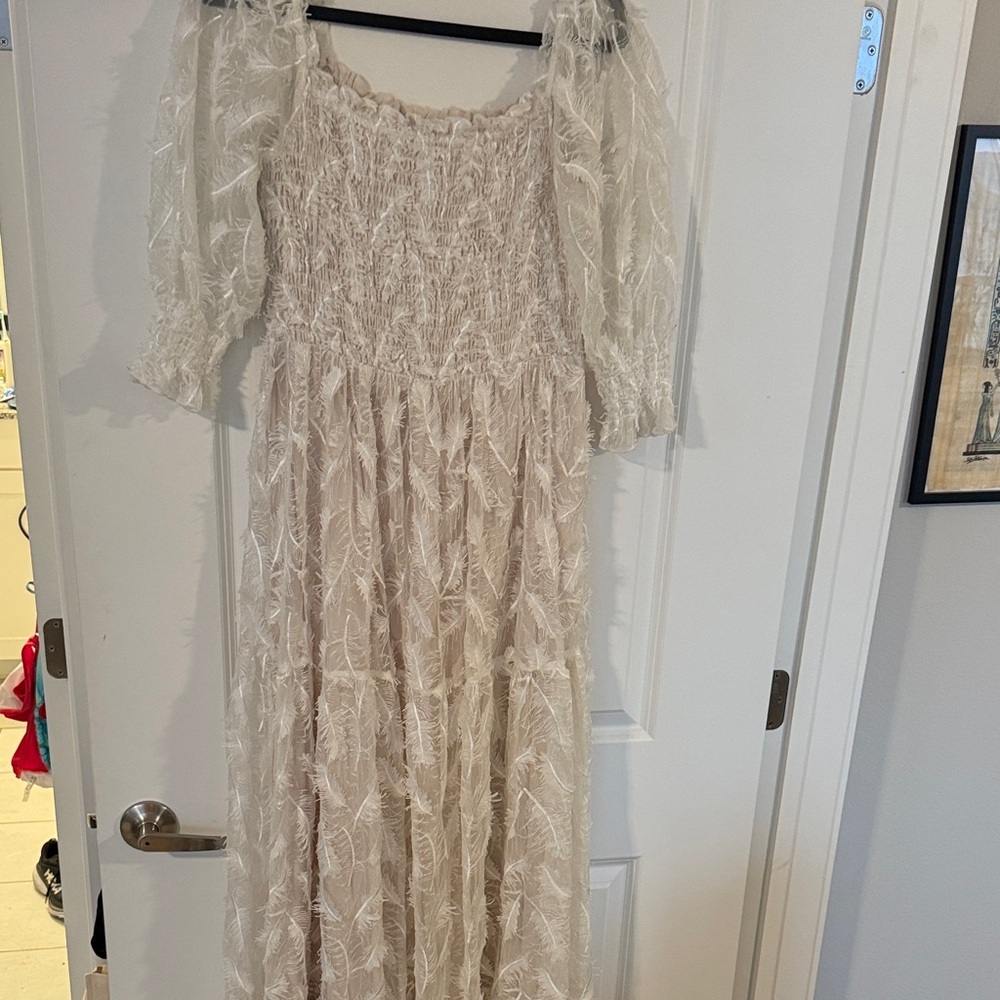 Elegant off white feather detail Lace Dress